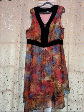 Perseption Tropical Floral High-Low Dress in Multicolor with Black Trim